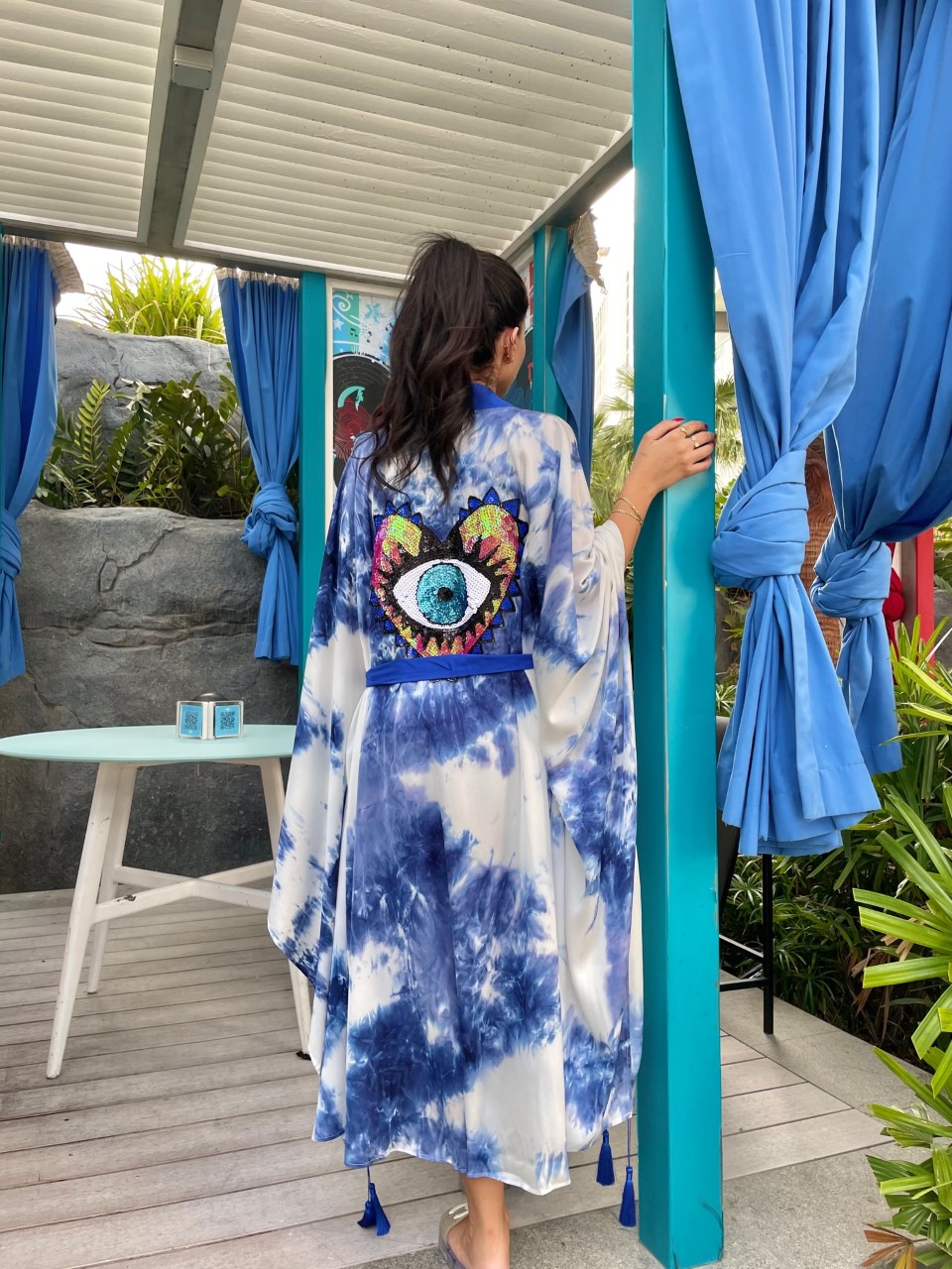Luxury Tie Dye Eye Heart Shape Embroidered Blue Kimono