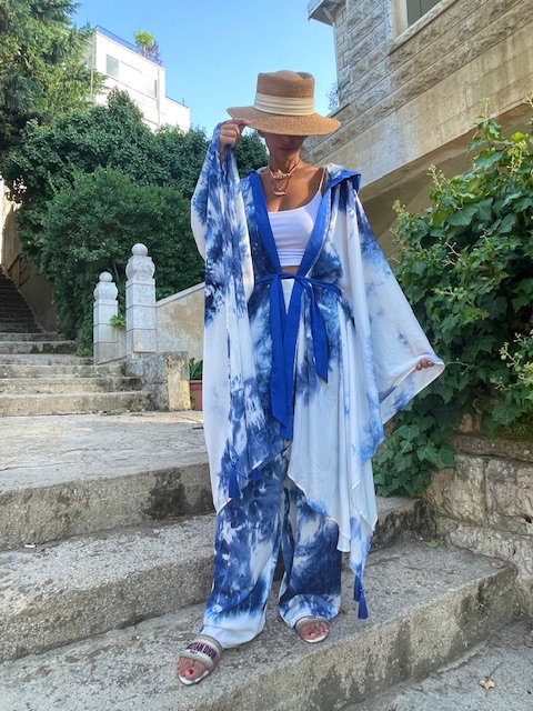 Blue Tie Dye  Silver Wings kimono Set