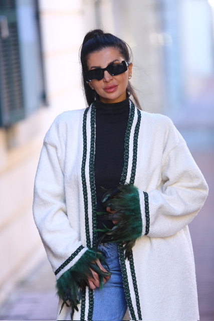 Women Bouclé Off-White Embroidered Winter Kimono