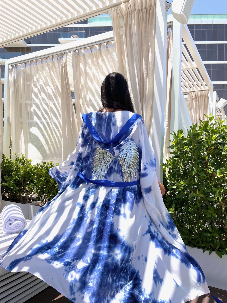 Luxury Blue Tie Dye Silver Wings Embroidered Kimono