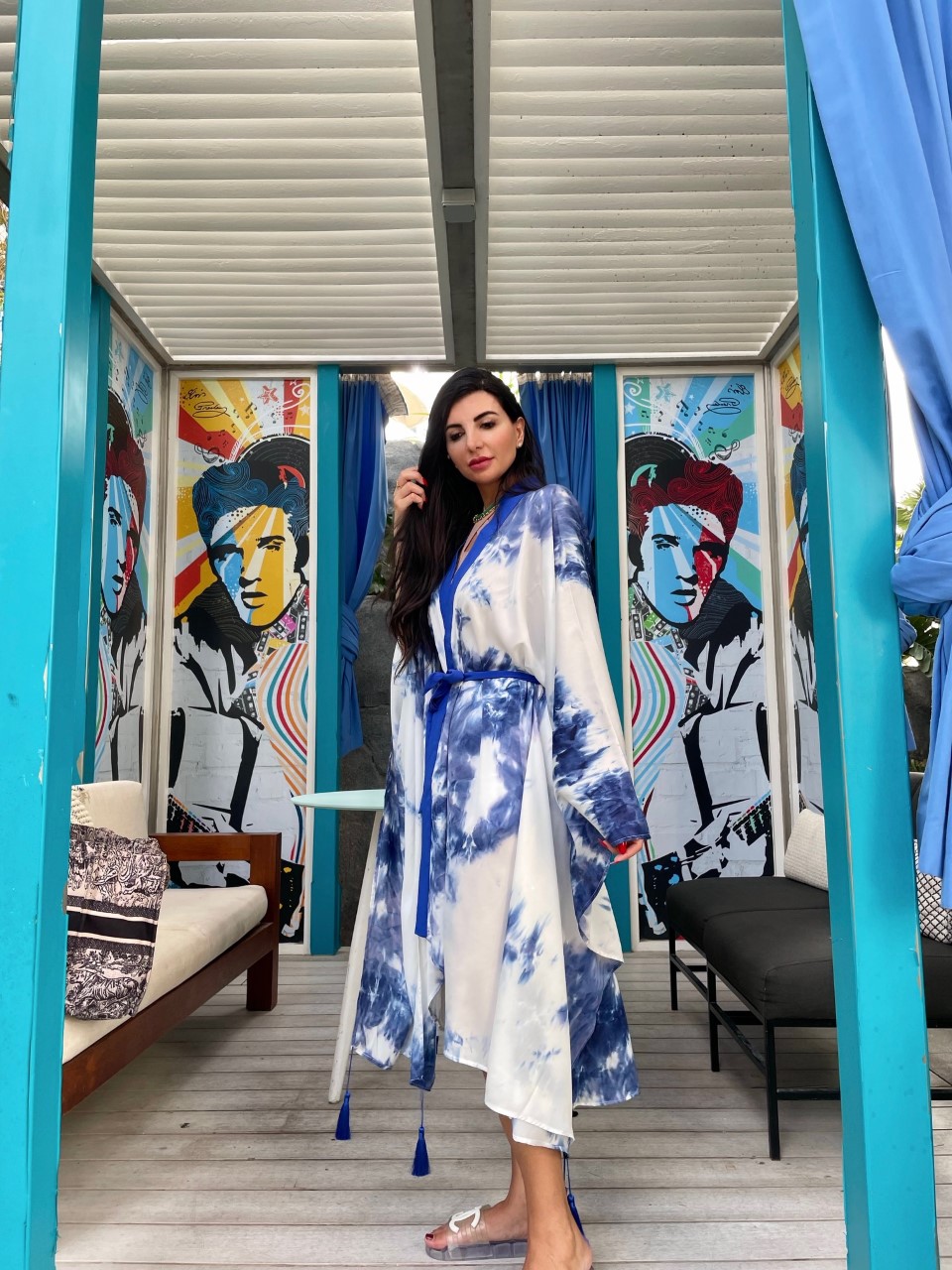Luxury Tie Dye Eye Heart Shape Embroidered Blue Kimono