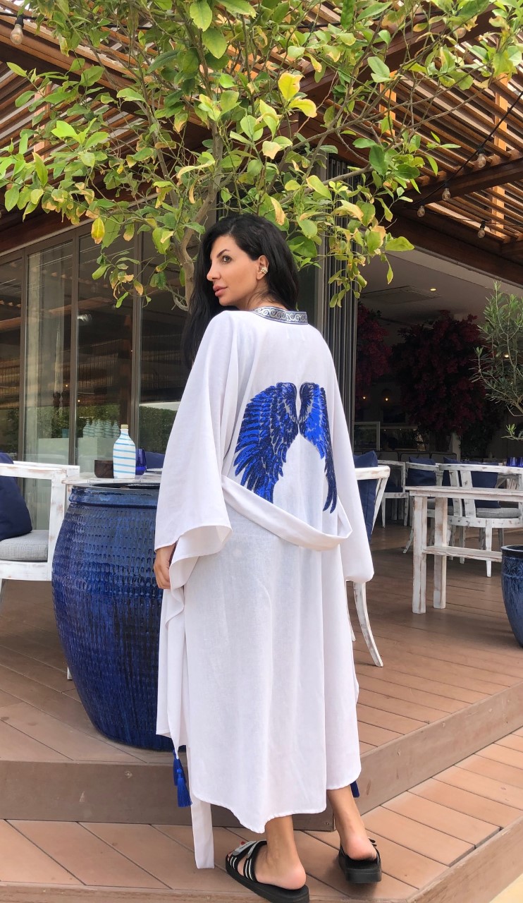Luxury White Linen Blue Wings Embroidered kimono 
