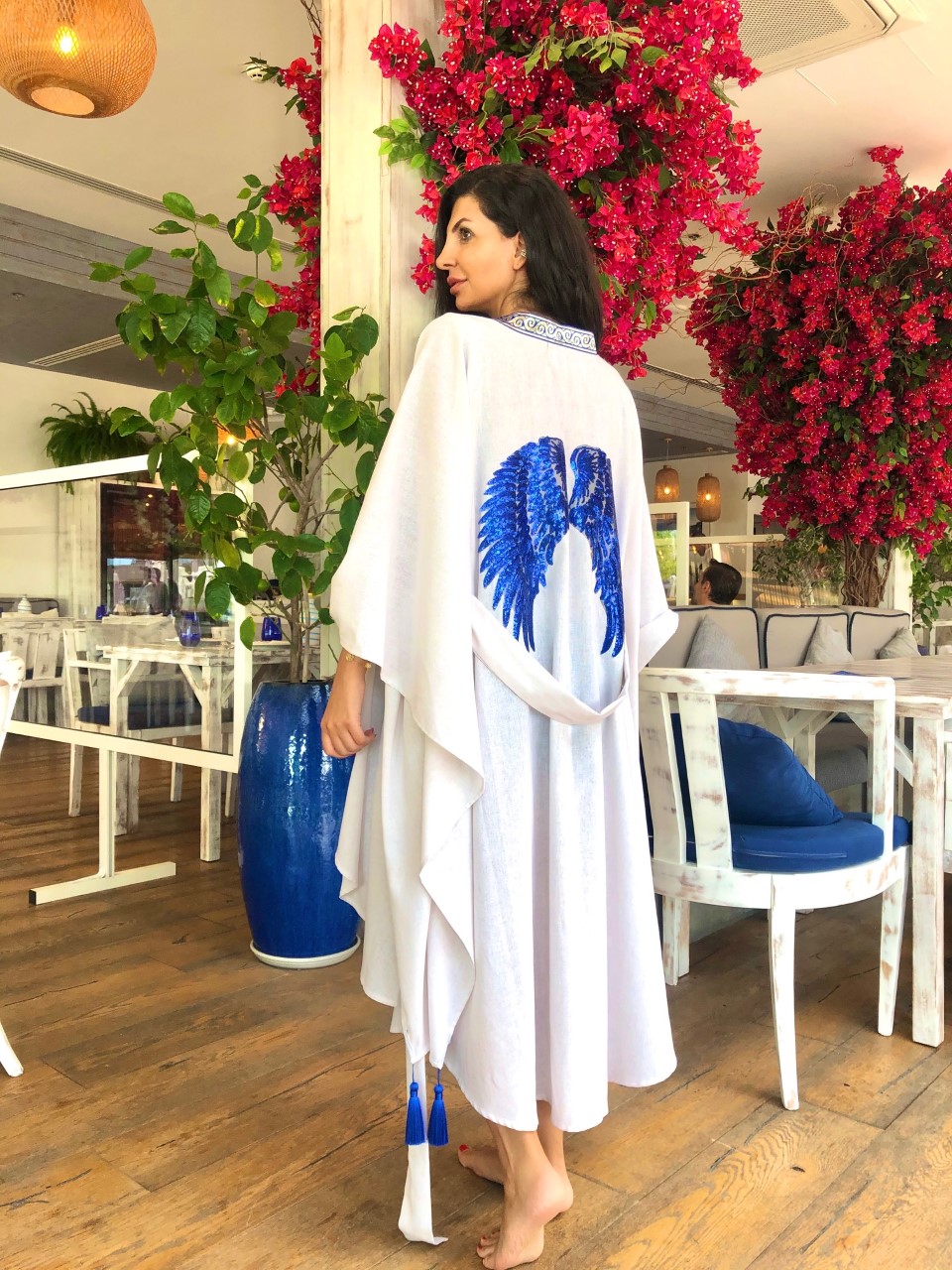 Luxury White Linen Blue Wings Embroidered kimono 