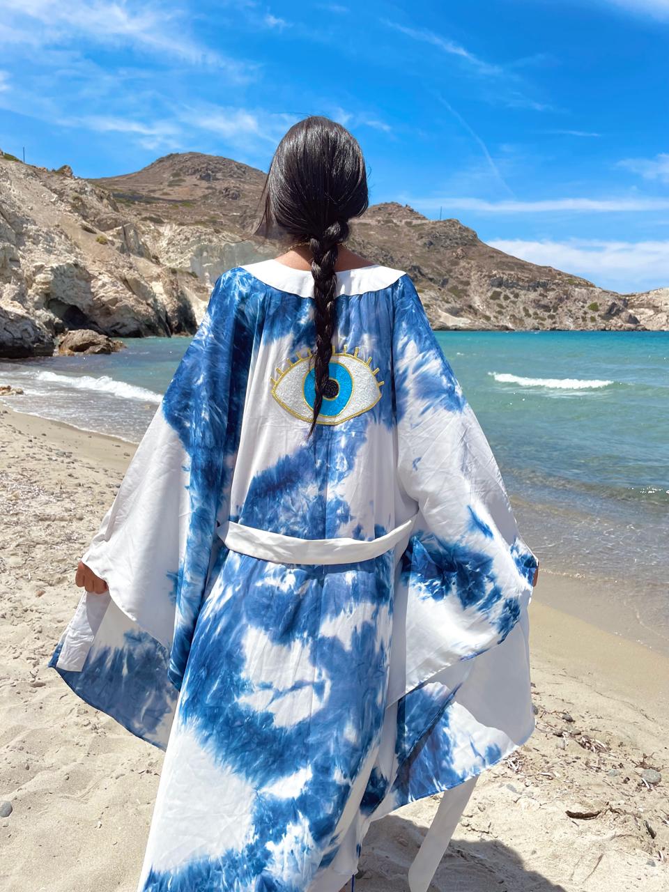Women Blue Tie Dye Eye Signature Kimono