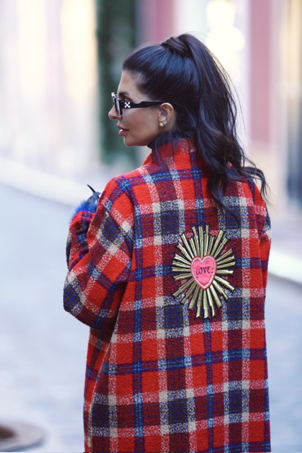 Women Luxury Red Plaid Wool embroidered Love Kimono