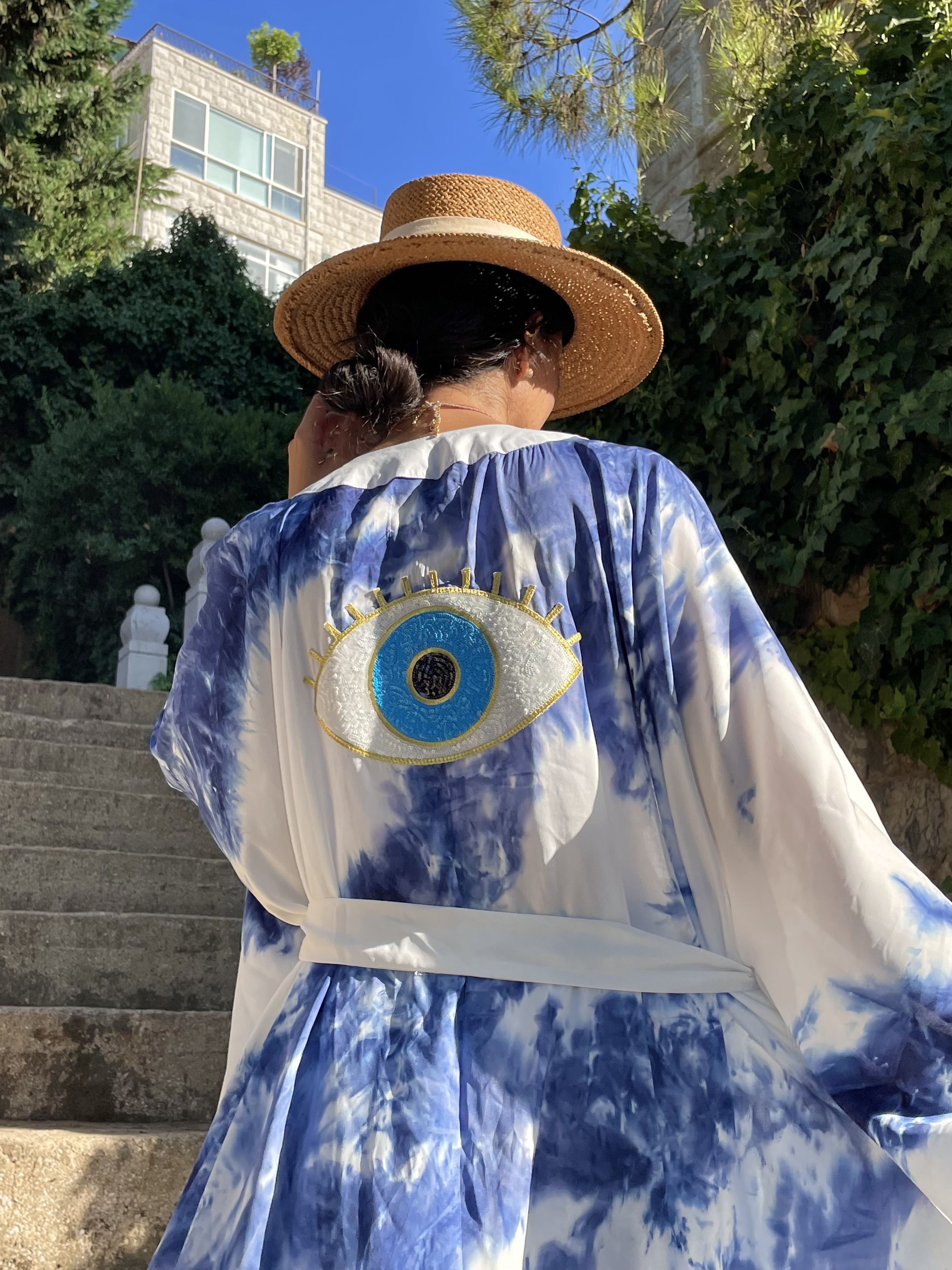 Women Blue Tie Dye Eye Signature Kimono