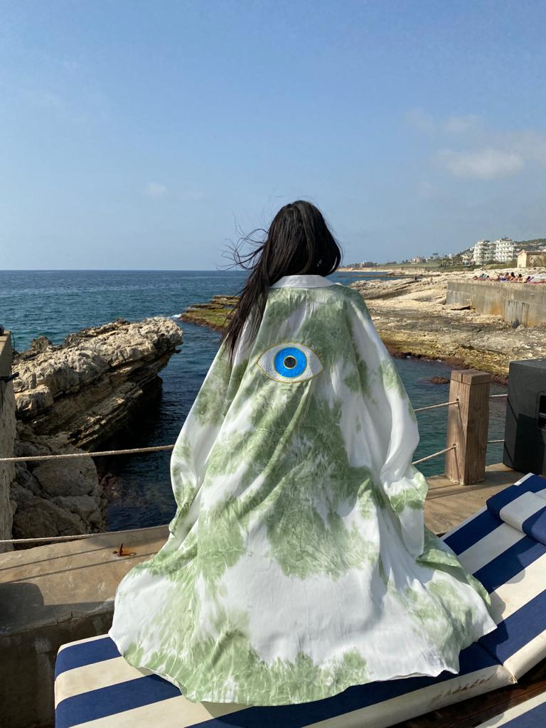 Luxury Green Tie Dye Eye Embroidered Kimono