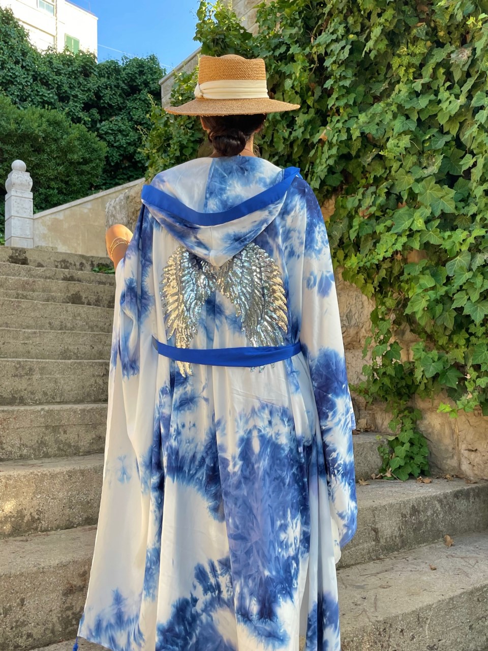 Luxury Blue Tie Dye Silver Wings Embroidered Kimono