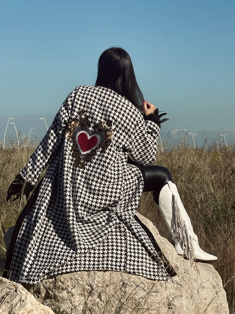 Luxury Heart Embroidered houndstooth Long Winter Kimono