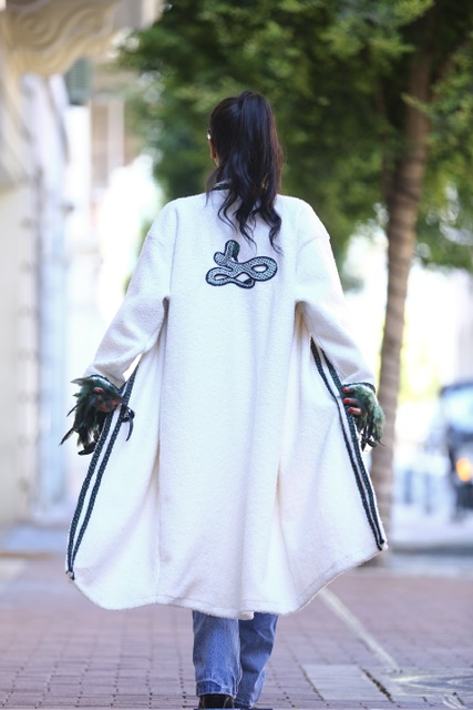 Women Bouclé Off-White Embroidered Winter Kimono