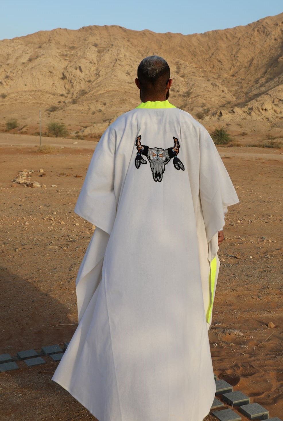 Men's Boho White and Neon Embroidered Linen Kimono