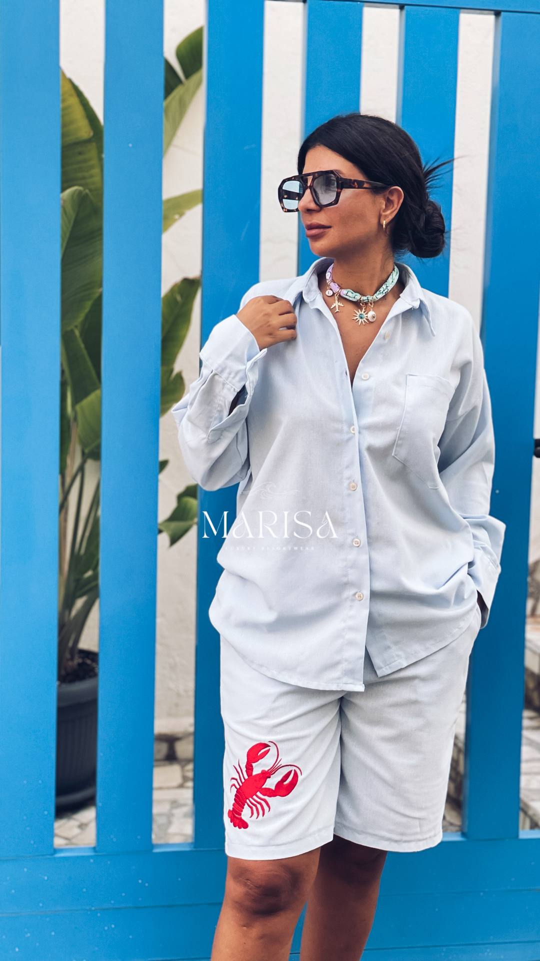 Lobster Blue Linen Short Set