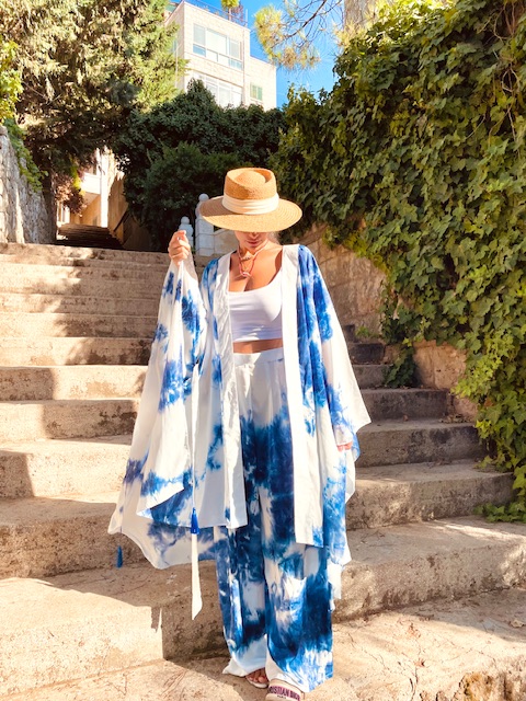 Blue Tie-Dye Eye Kimono Pants Set
