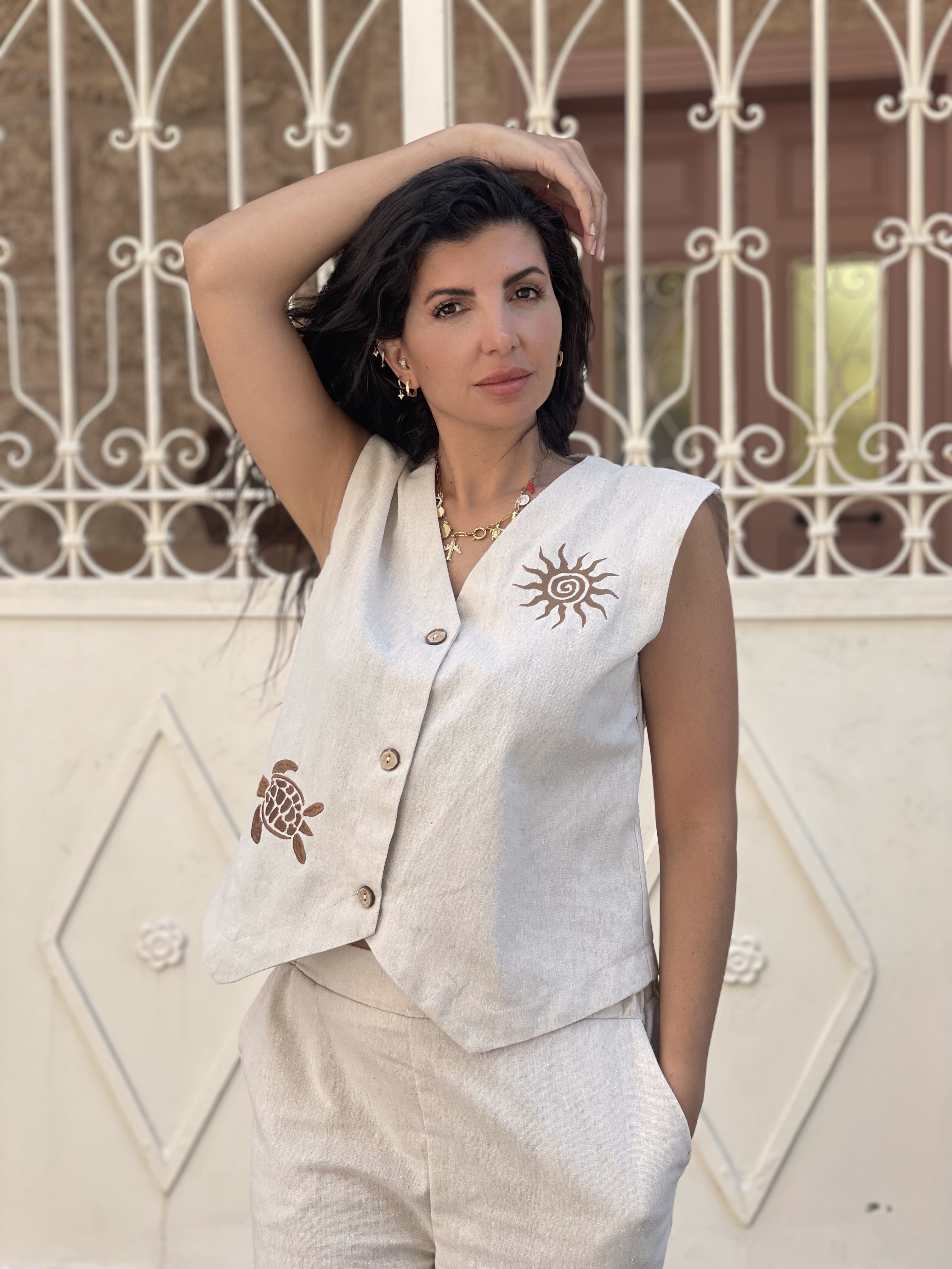 Women Beige linen Turtle Vest Set 