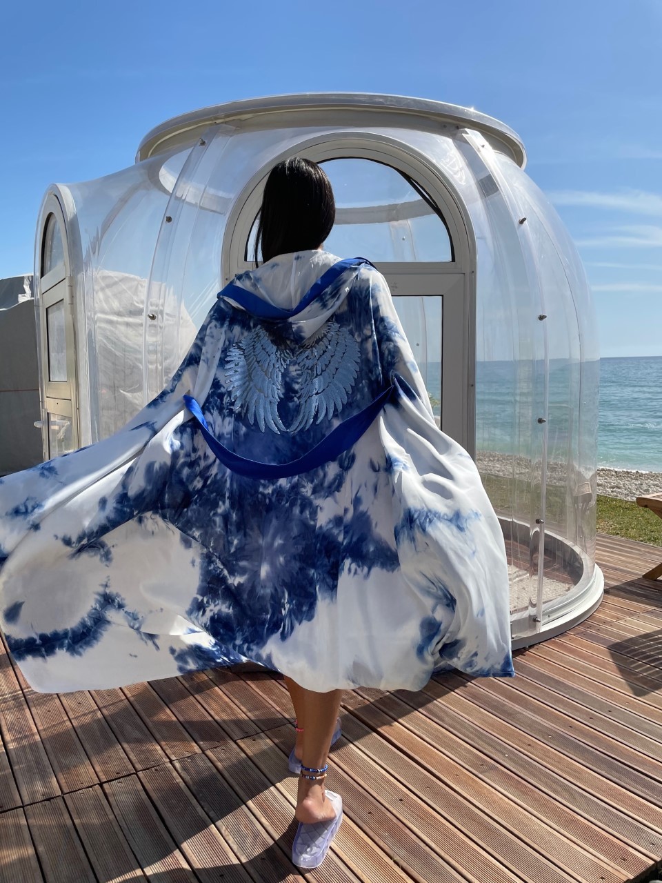 Luxury Blue Tie Dye Silver Wings Embroidered Kimono