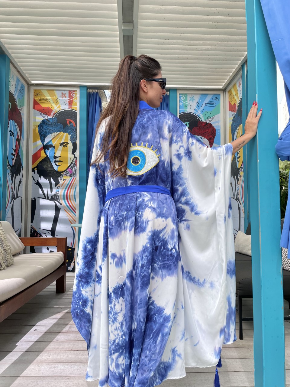 Women Blue Tie Dye Eye Signature Kimono