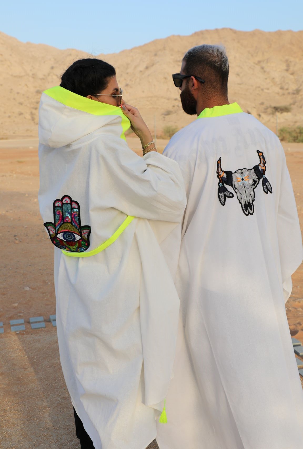 Men's Boho White and Neon Embroidered Linen Kimono