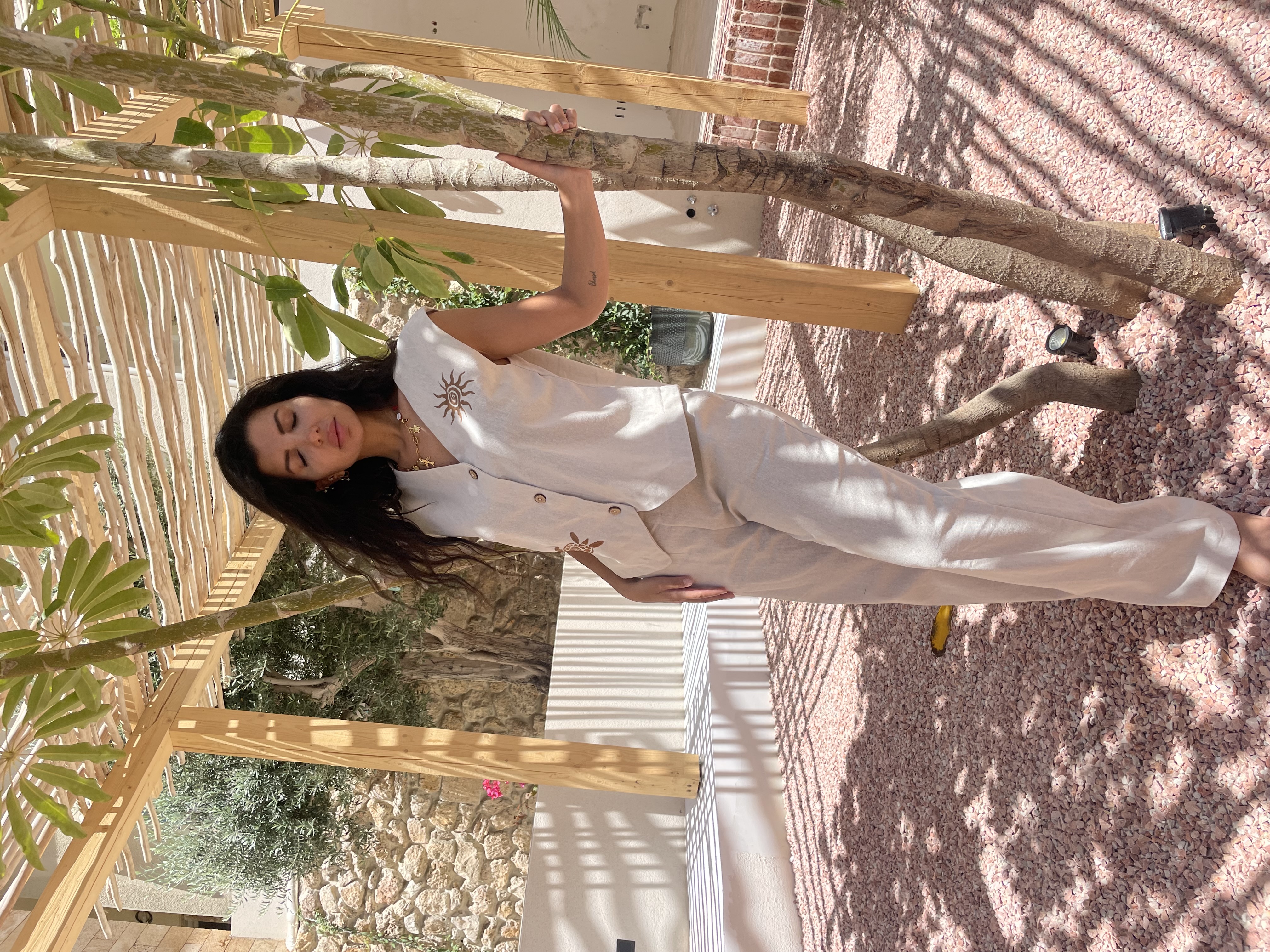 Women Beige linen Turtle Vest Set 