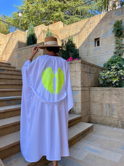 Women Neon Wings Embroidered White Linen Kimono