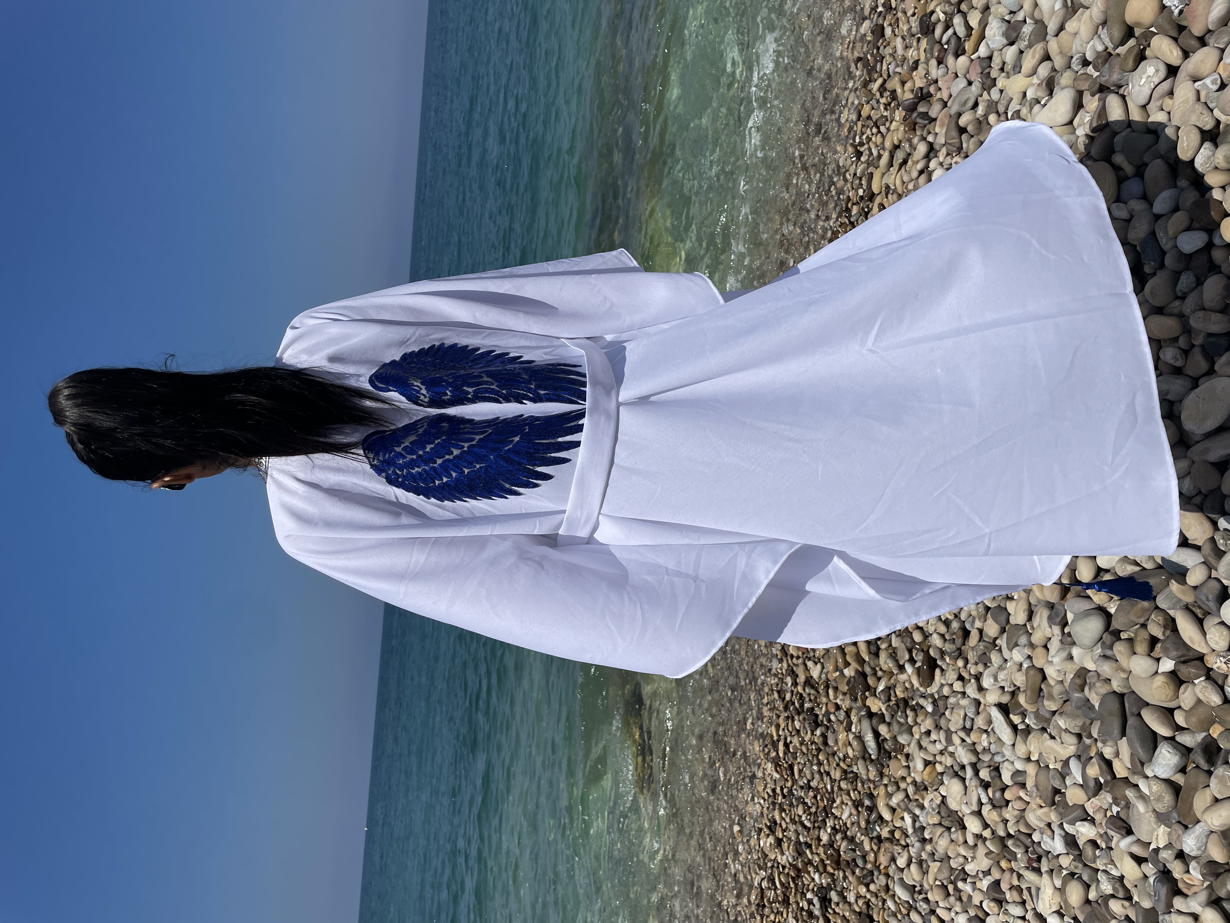 Luxury White Linen Blue Wings Embroidered kimono 