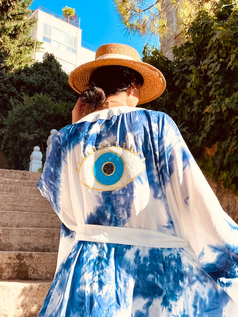 Blue Tie-Dye Eye Kimono Pants Set