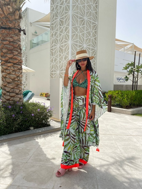 Tropical Leaf Print Kimono Pants Only