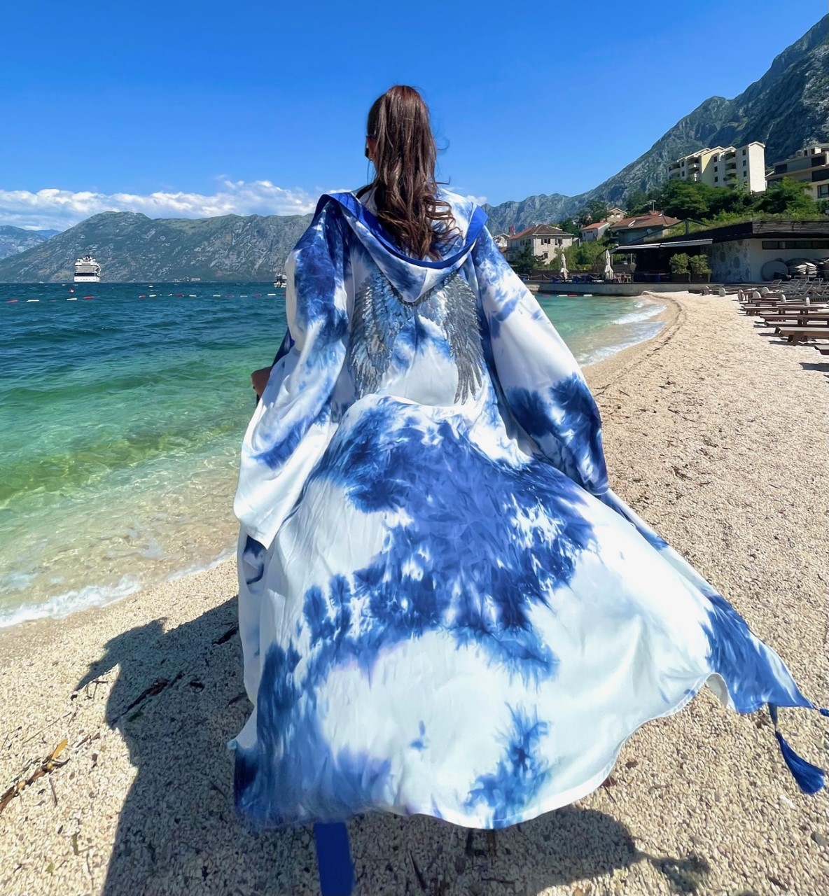 Luxury Blue Tie Dye Silver Wings Embroidered Kimono