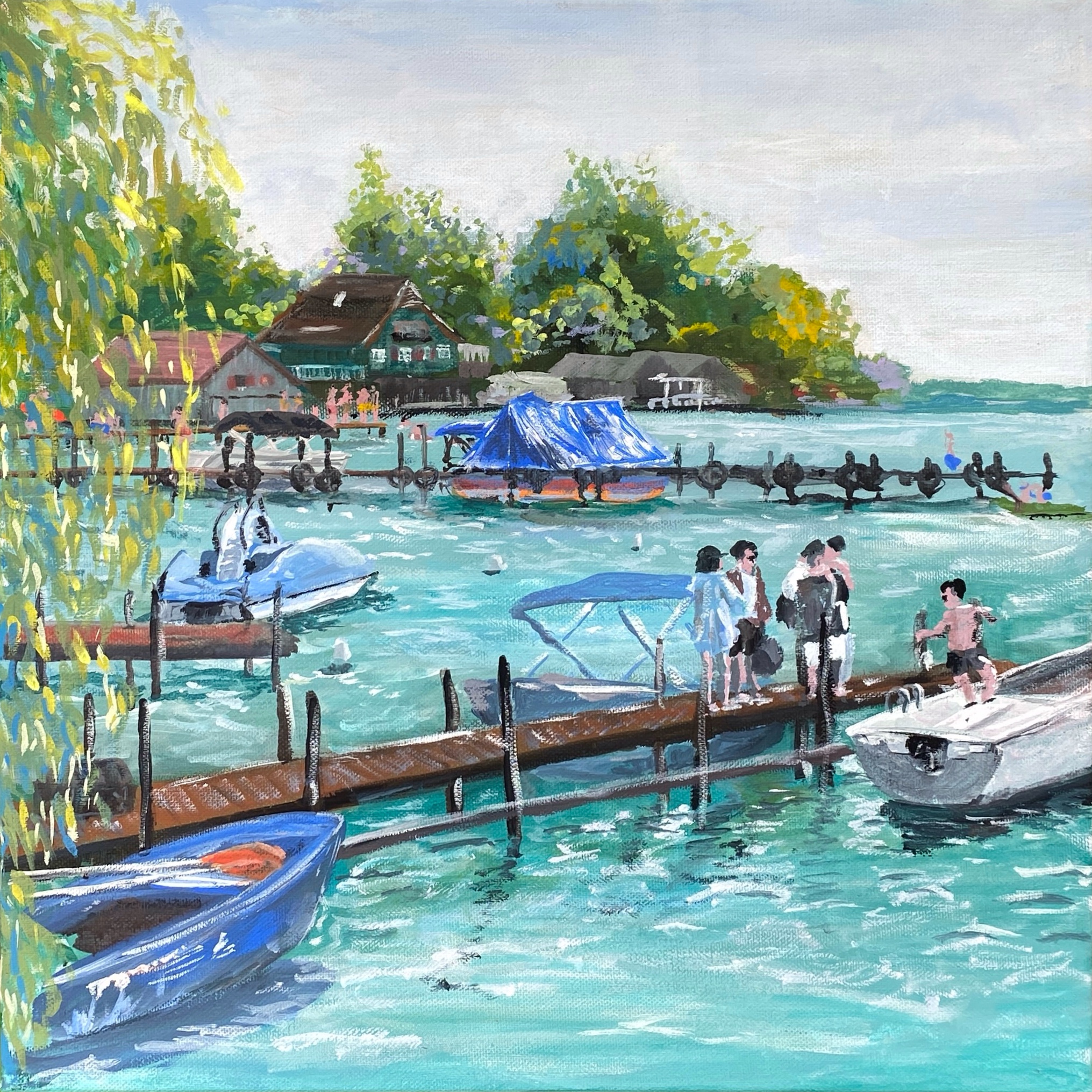 Wörthsee, Original Arcyl Gouache Painting on Canvas
