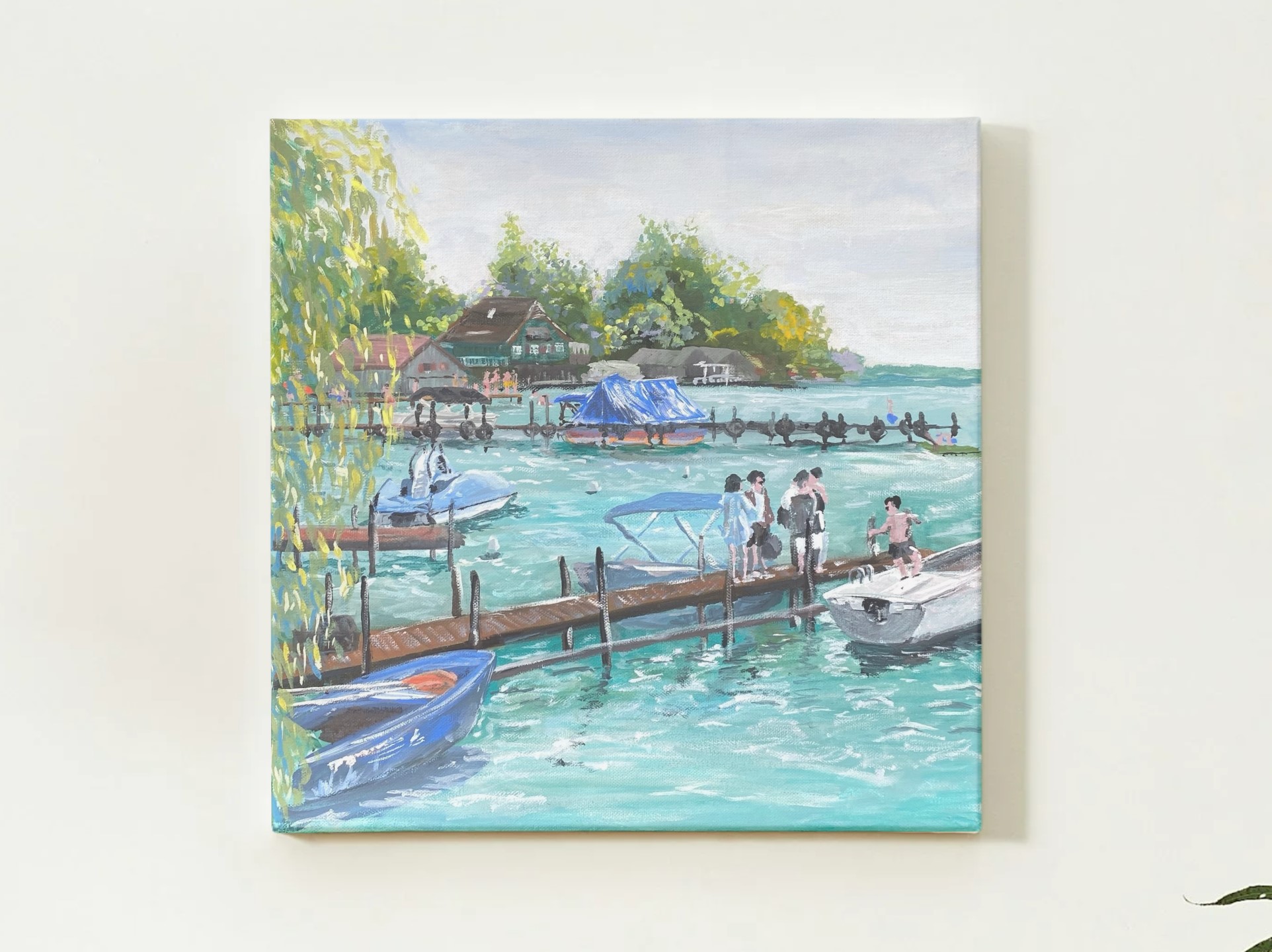 Wörthsee, Original Arcyl Gouache Painting on Canvas