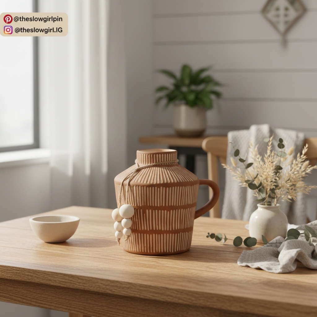 Rustic Farmhouse Ceramic Vase with Wooden Beads