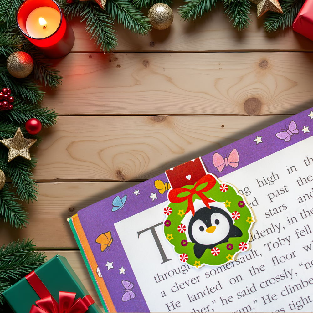 Peppermint Penguin Wreath – Christmas Edition Premium Magnetic Bookmark