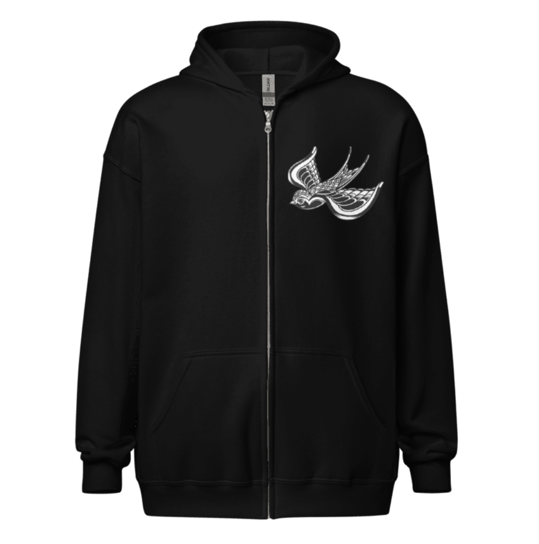 Black Zip-Up Hoodie with Bird Embroidery