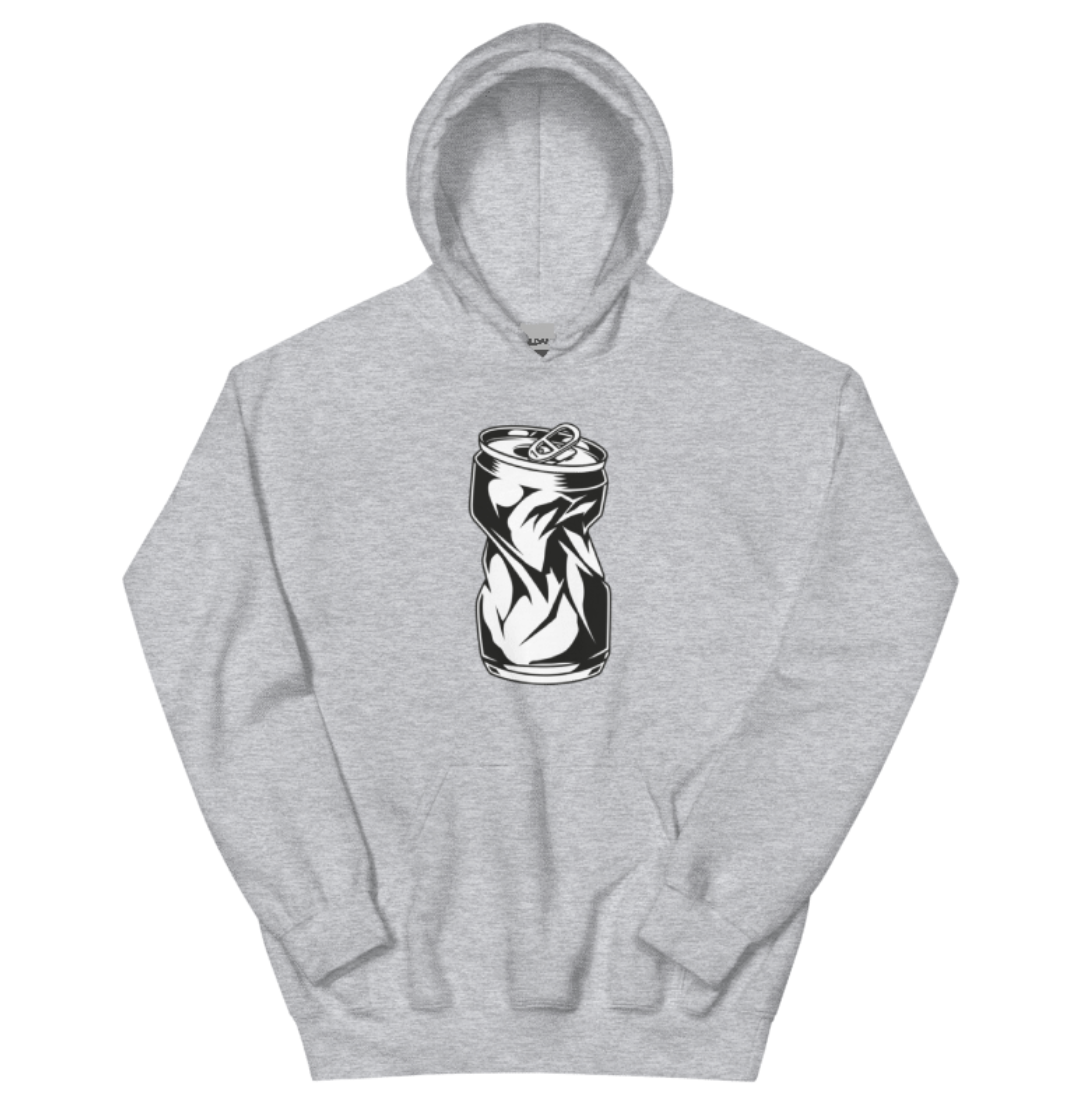 Grey Hoodie with Crushed Can Design