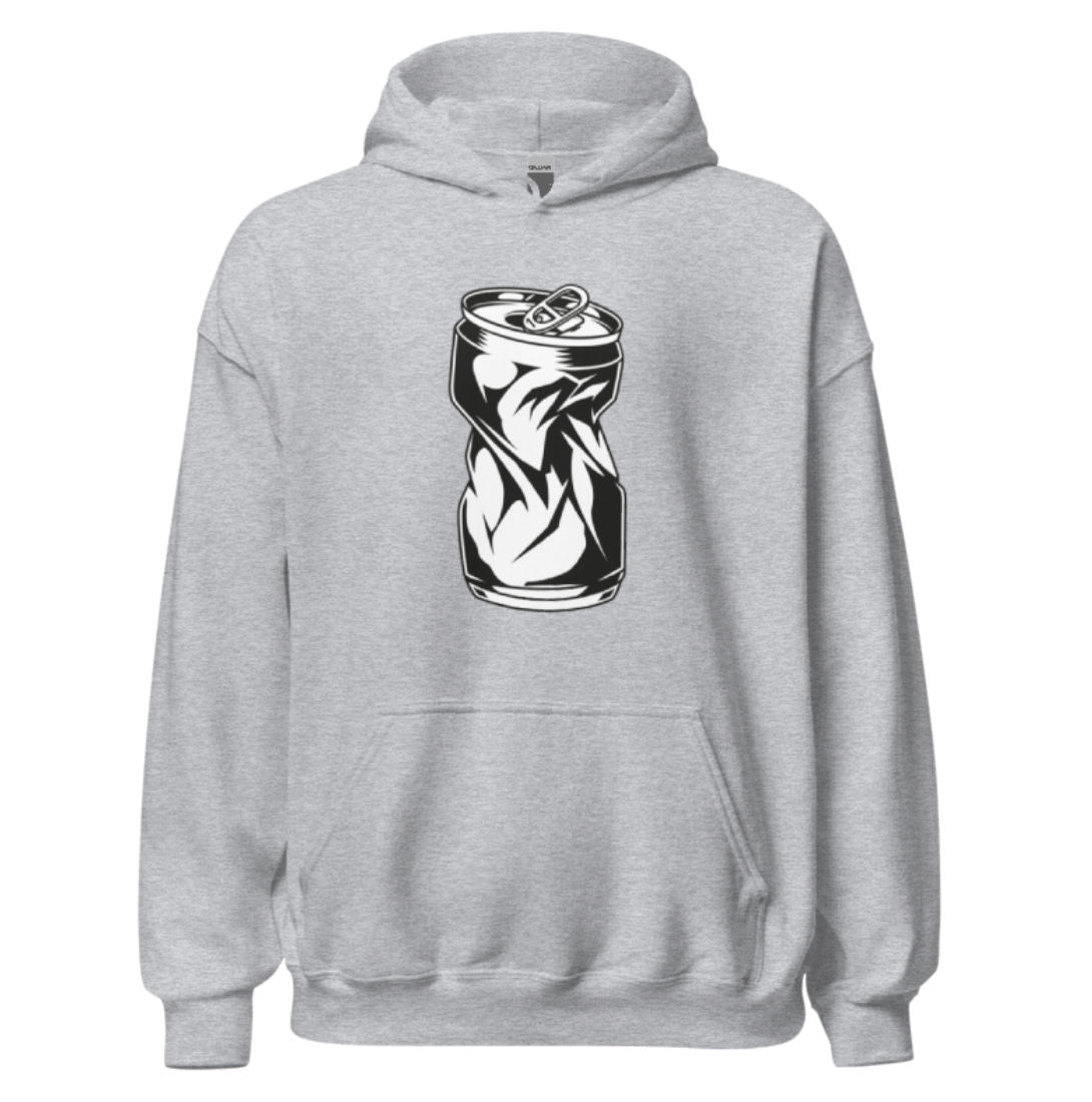 Grey Hoodie with Crushed Can Design