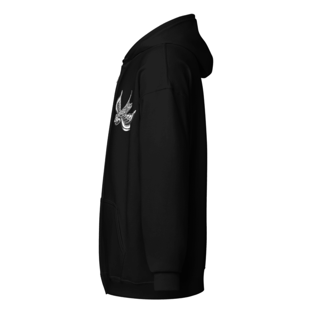 Black Zip-Up Hoodie with Bird Embroidery