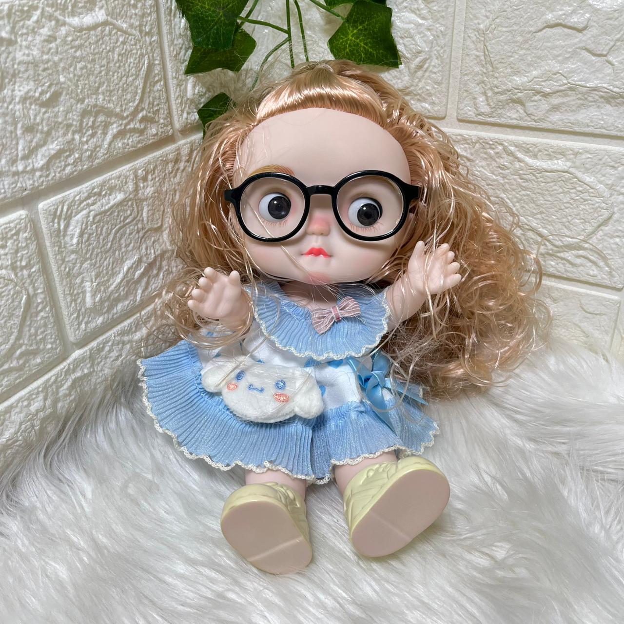 Blonde Curly-Haired Doll in Blue Dress