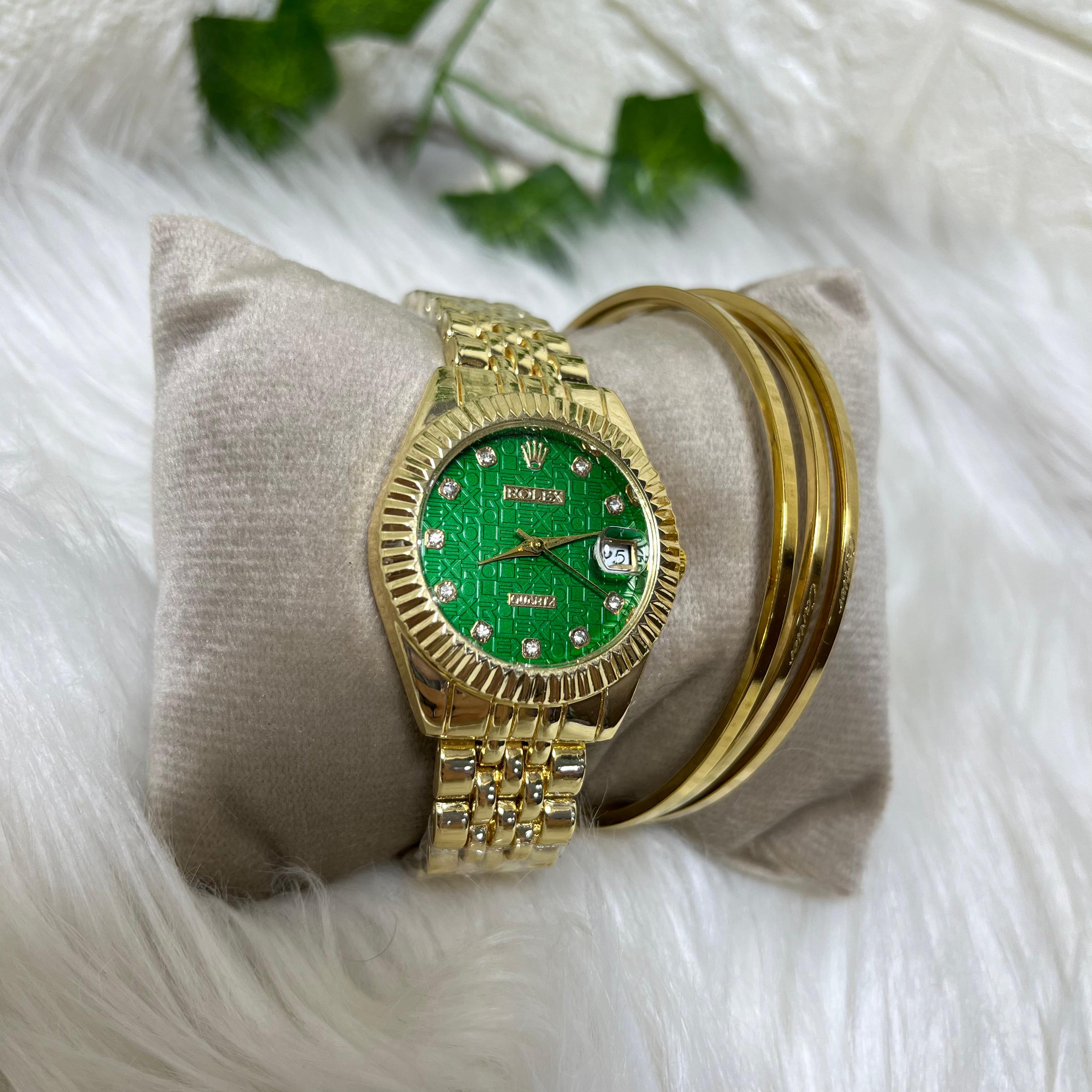 Gold Rolex Watch with Green Dial