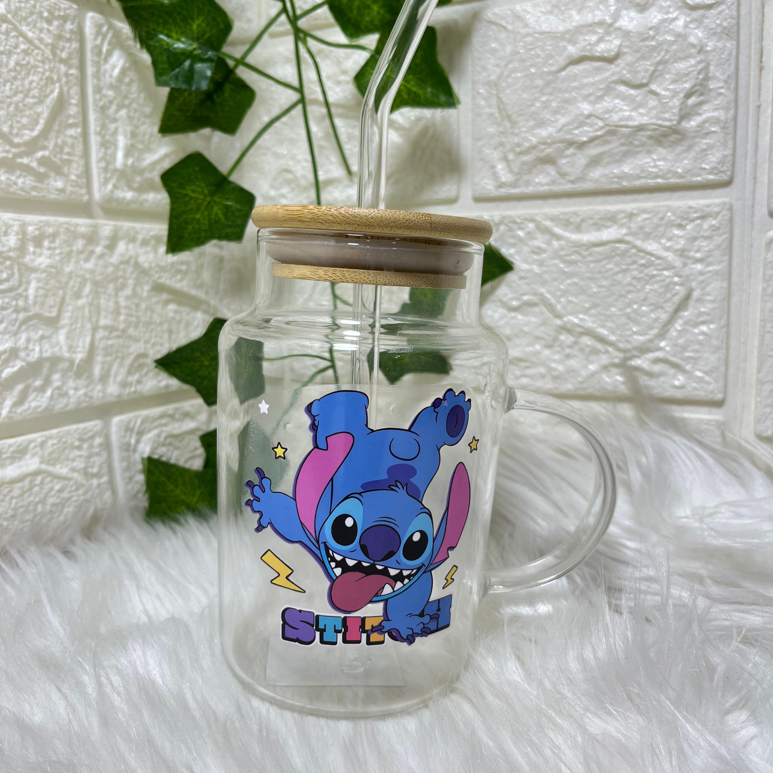Stitch Glass Mug with Lid and Straw