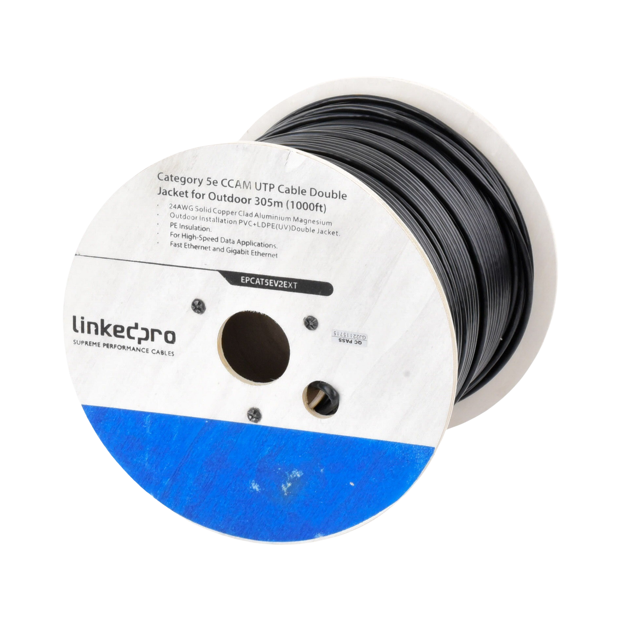 Bobina de cable de 305m Cat5e, Aleación de Cobre y Aluminio (CCA), color Negro, Uso Intemperie, Doble Forro