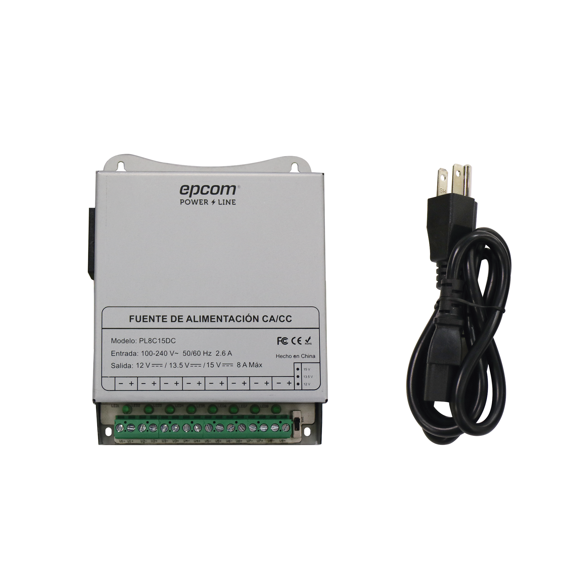 Fuente de Poder Metálica / Para 8 Cámaras / Ajustables a 12 o 13.5 o 15 VCC