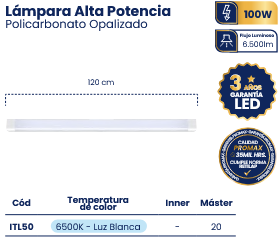LAMPARA ALTA POTENCIA 100W 120CM MERCURY ITL50"