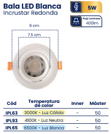 BALA LED 5W 6500K BLANCA REDONDA MERCURY ''IPL65''