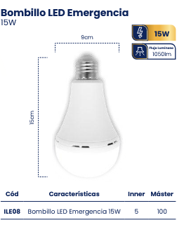 BOMBILLO LED EMERGENCIA 15W 1800MAH 5 HORAS MERCURY ILE08
