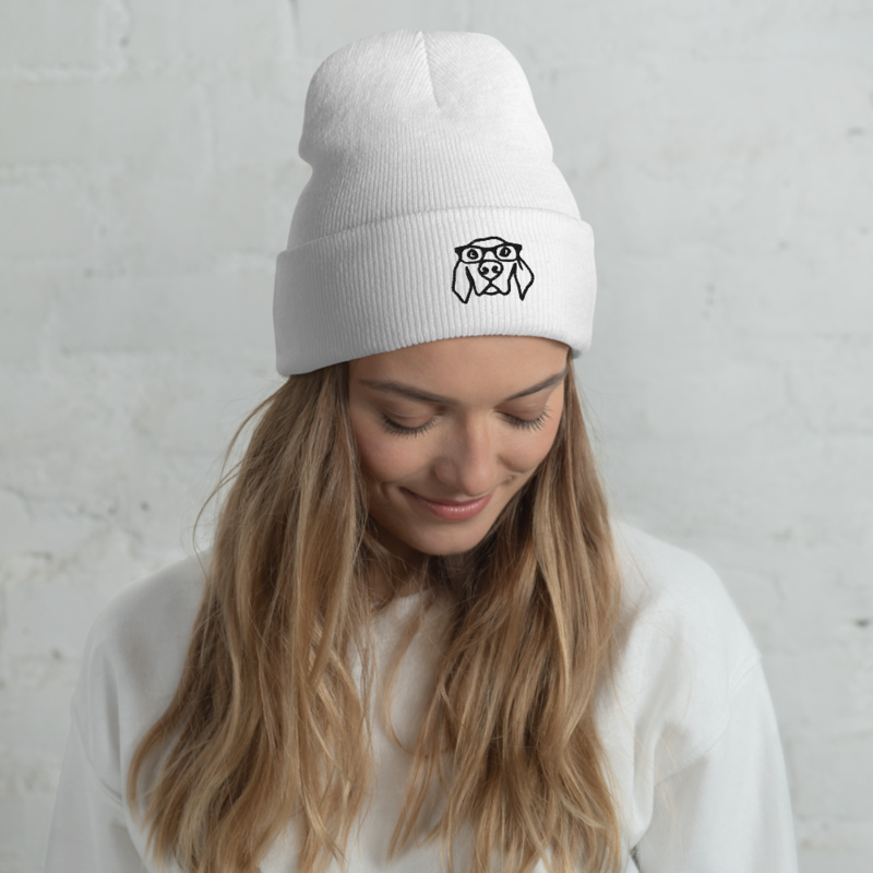 White Beanie Hat with Dog Embroidery