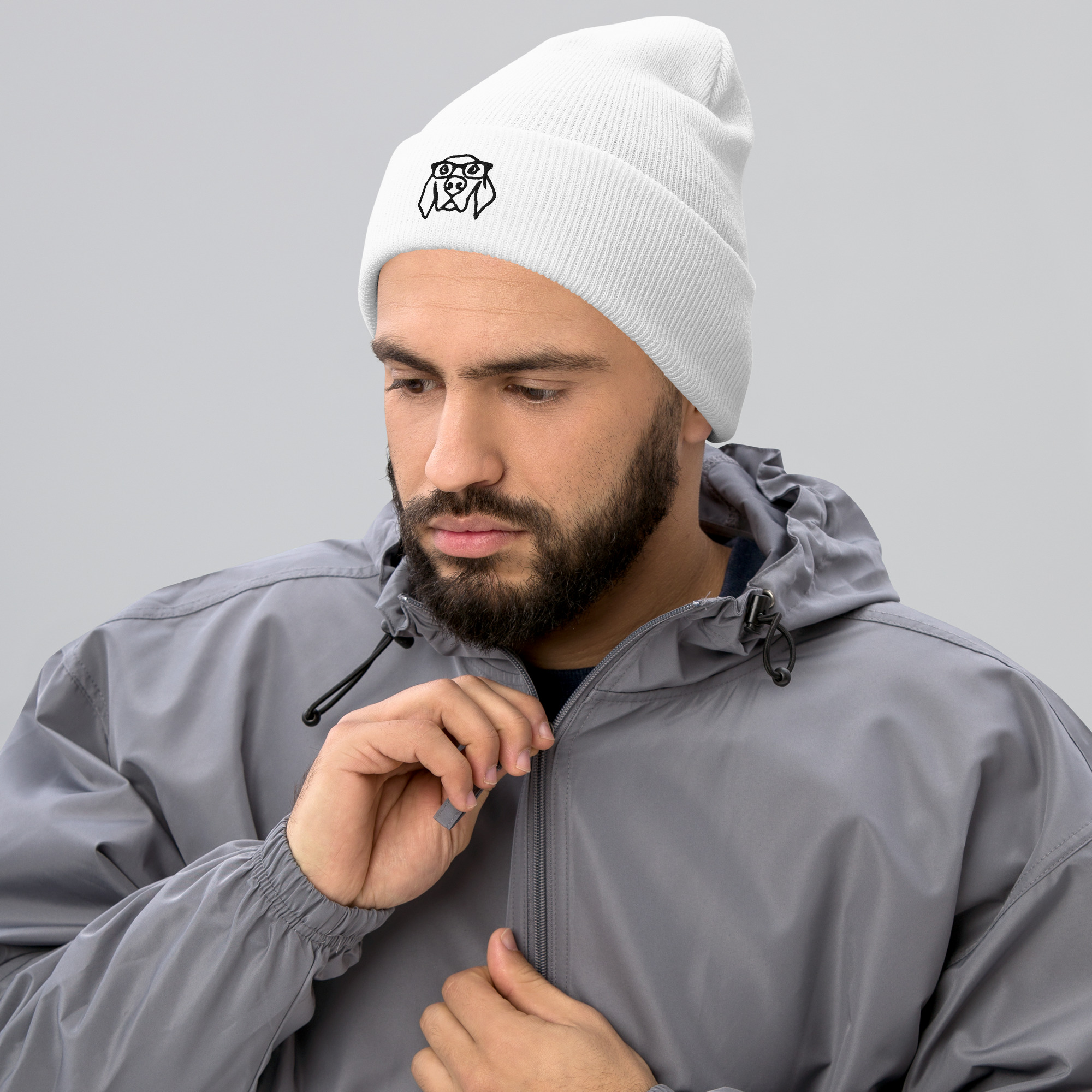 White Beanie Hat with Dog Embroidery