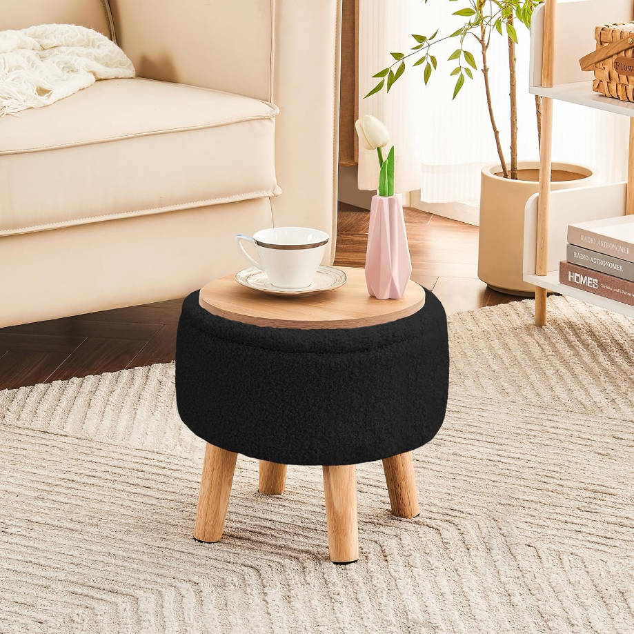 Otomana pequeña con almacenamiento, taburete pequeño otomano con patas de madera, reposapiés Sherpa para sofá, sala de estar y dormitorio, color negro