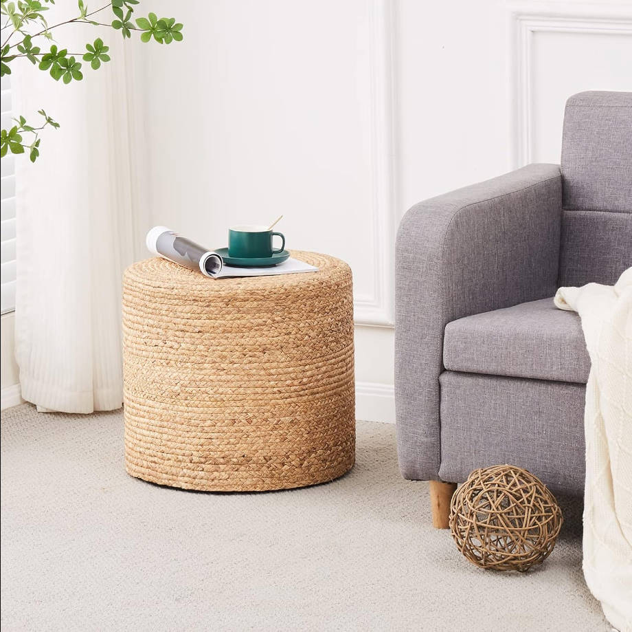 Puf otomano de 18 pulgadas, puf trenzado natural, puf rústico de tejido a mano, taburete reposapiés bohemio para dormitorio, mesa decorativa o asiento para sala de estar (Natural-LD)