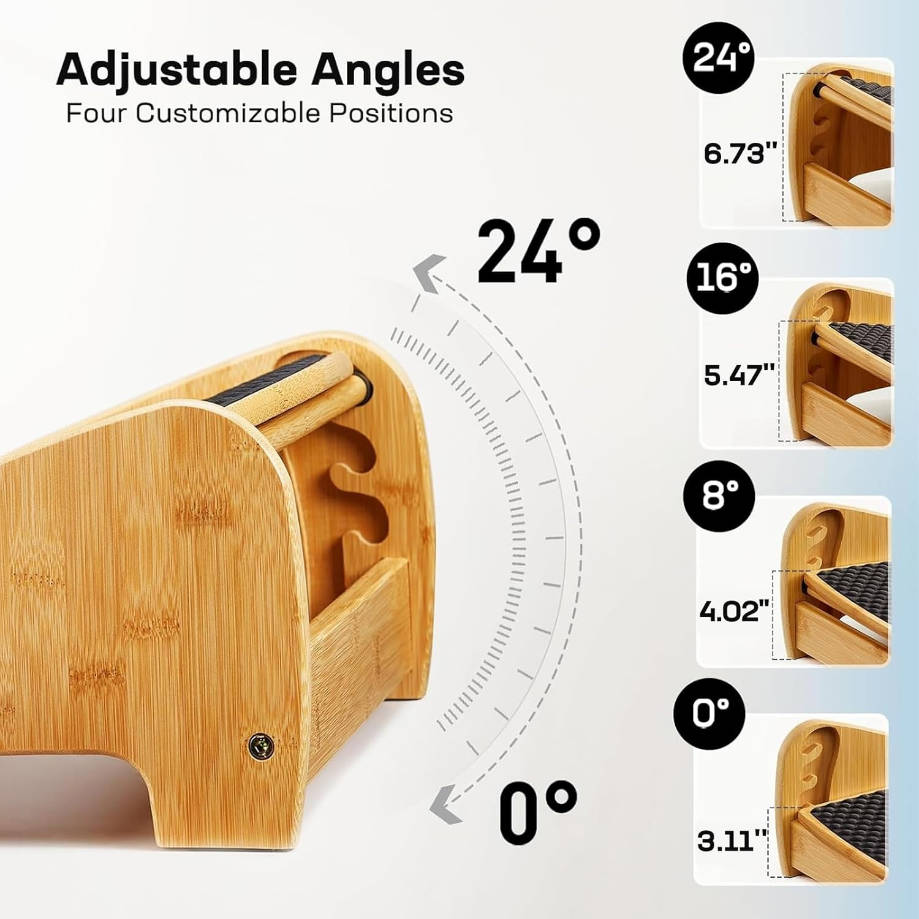  Reposapiés de bambú para debajo del escritorio, reposapiés ergonómico con 4 opciones de altura y ángulos ajustables, superficie de masaje de guijarros, reposapiés antideslizante para debajo del