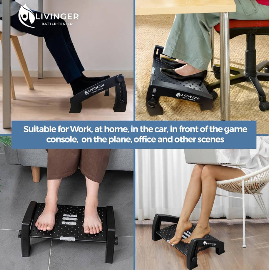 Reposapiés ajustable con 6 ajustes de altura - Soporte debajo del escritorio con patas antideslizantes - Rodillo ergonómico para pies - Diseño resistente para oficina o hogar