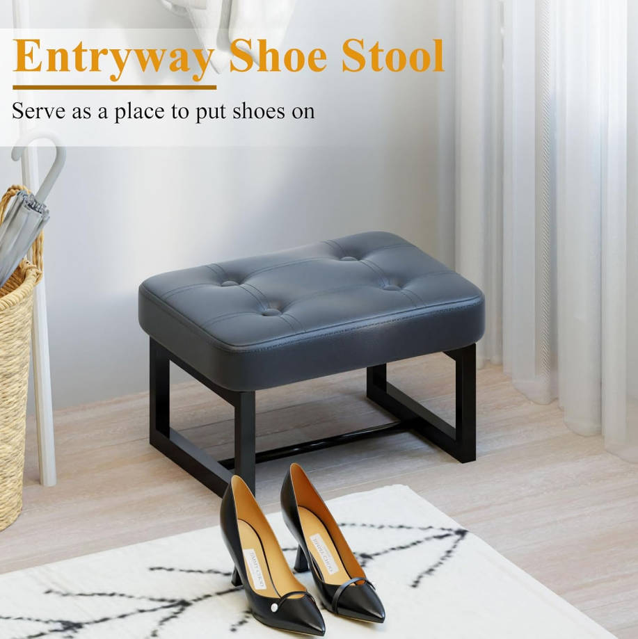  taburete reposapiés, taburete de cuero para debajo del escritorio, asiento rectangular para zapatos para sala de estar, dormitorio y cocina, sofá, entrada (negro) (cuero, 1)